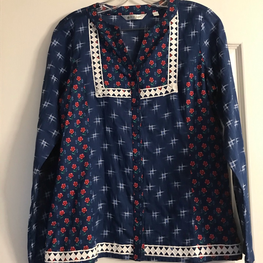 Orvis Embroidered Cotton Print V-Neck Tunic